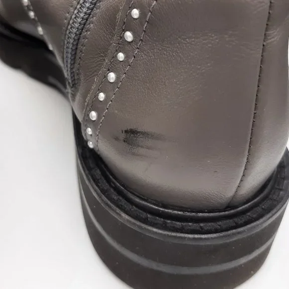 Stuart Weitzman Gray Jesse Lift Pearl Studded Leather Combat Boots SZ 7.5